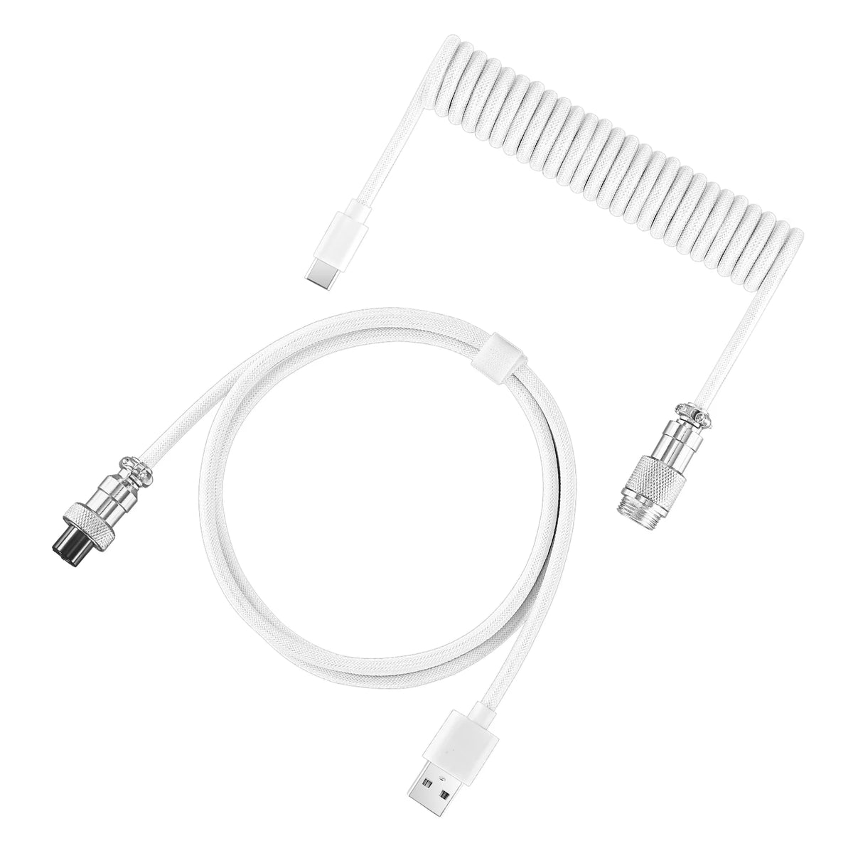 Coiled USB-C keyboard cable with a metal aviator connector