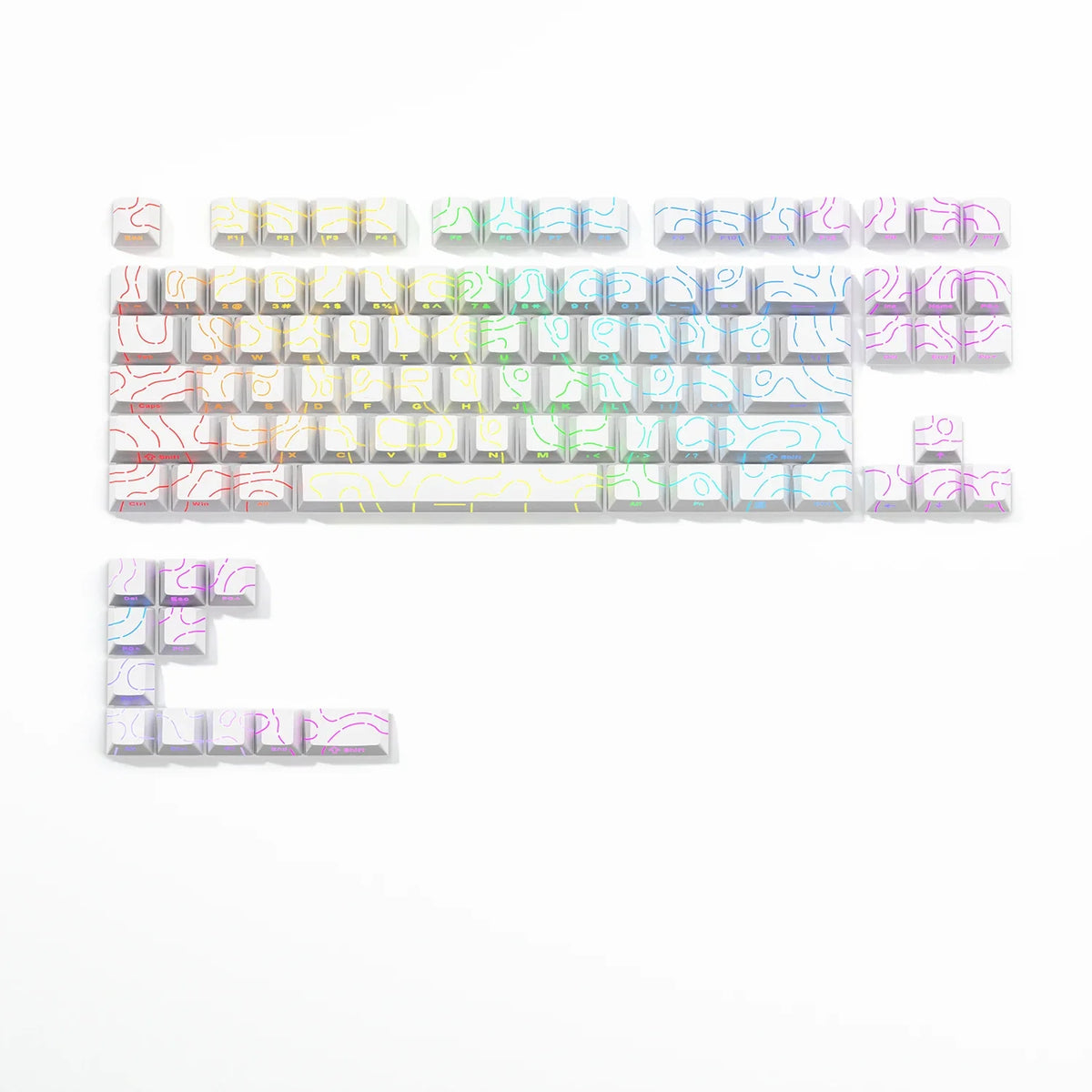 Topographic contour-pattern PBT keycap set with side-printed legends on a mechanical keyboard