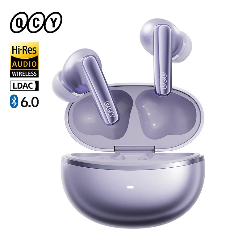 QCY MeloBuds N70 wireless earbuds beside their open charging case