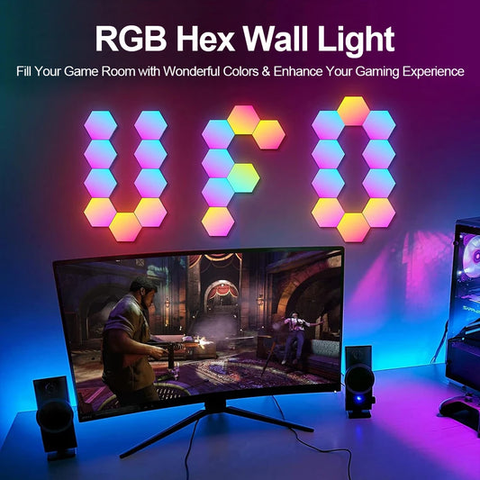 Hexagon wall light product shot with text callouts