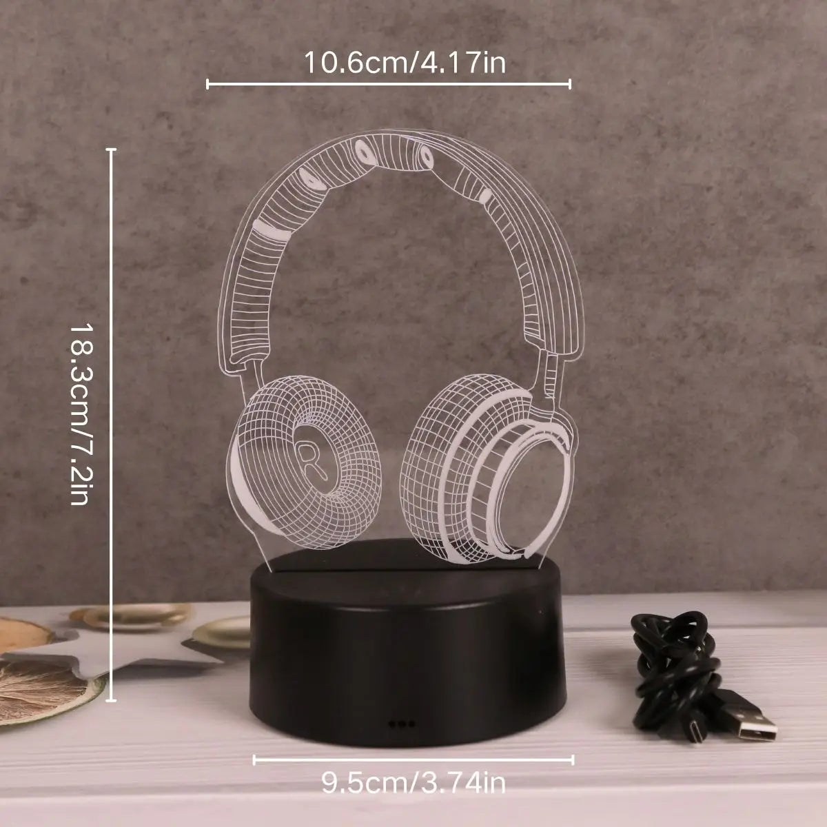 Headphones night light with dimensions marked at 10.5 cm wide and 18.5 cm tall