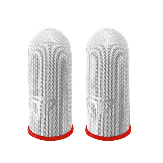 Pair of fabric gaming finger sleeves on thumbs holding a phone