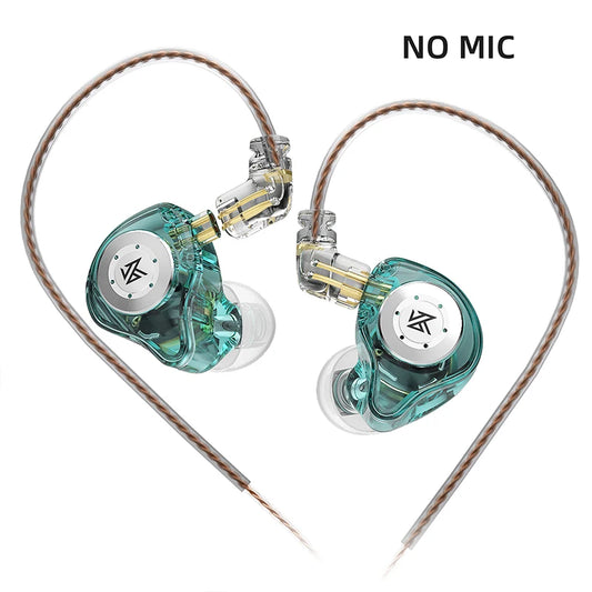KZ EDX Pro wired in-ear monitors in cyan with 3.5 mm cable