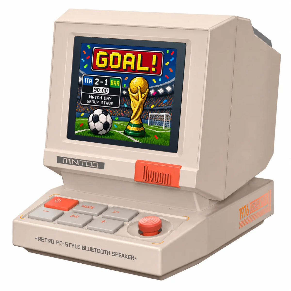 Divoom MiniToo beige retro computer-style speaker showing pixel art on its screen