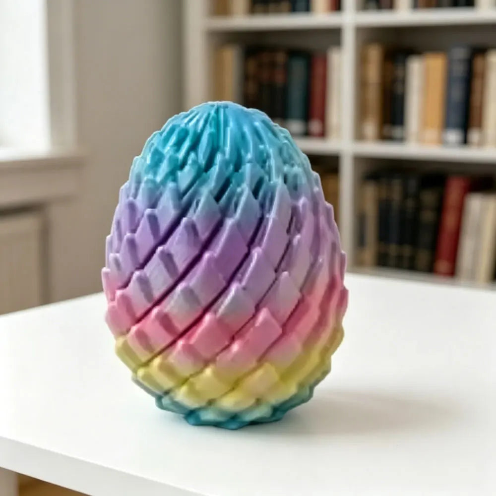 3D printed rainbow dragon egg on a desk