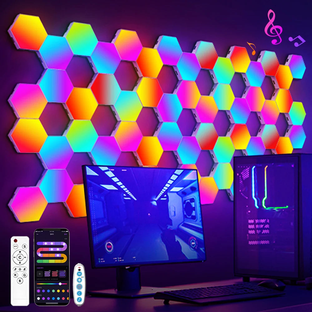 RGB hexagon wall light panels behind a gaming desk