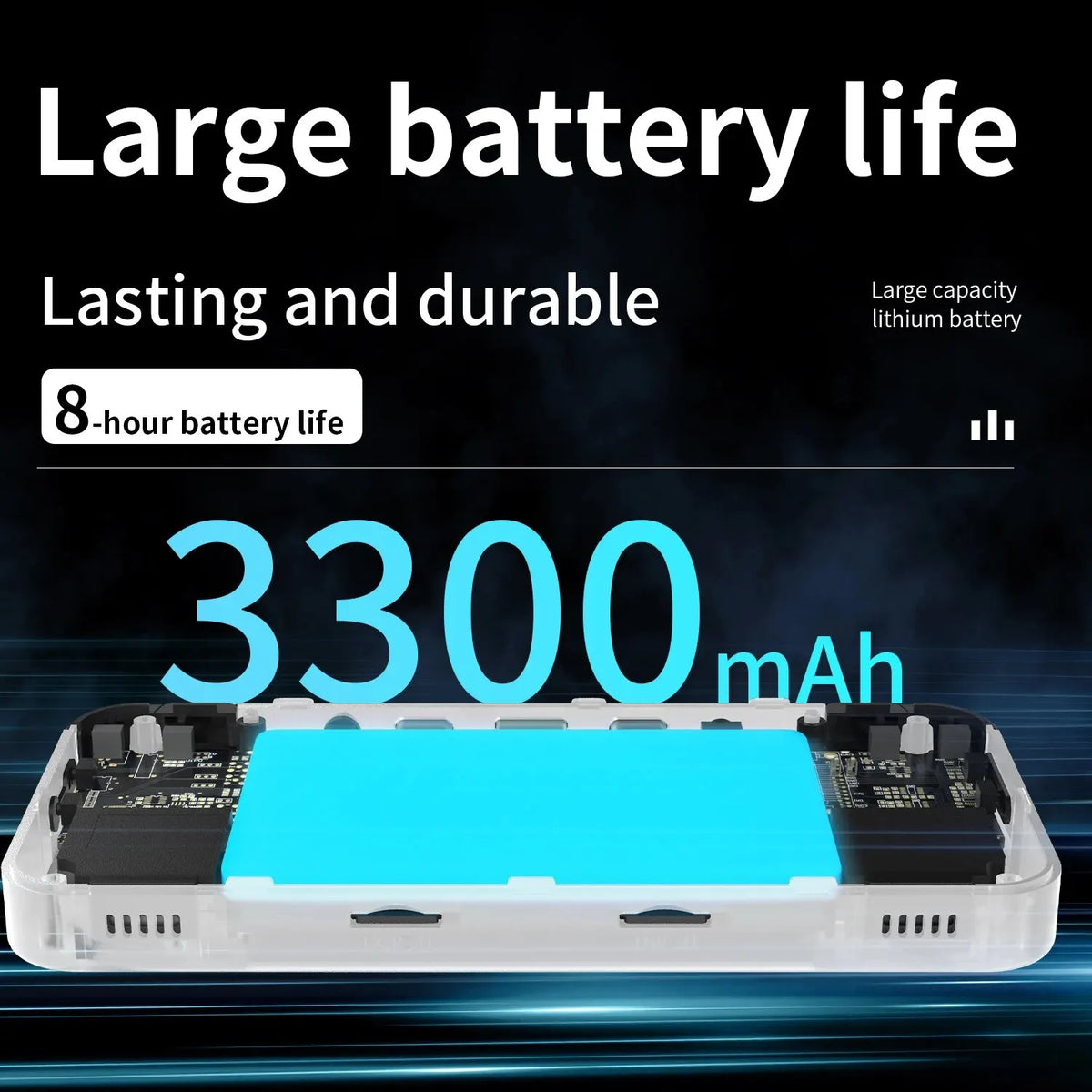 RG35XX H battery graphic with feature text