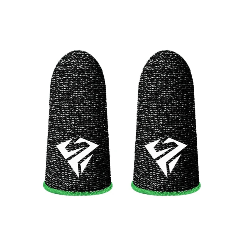 Pair of fabric gaming finger sleeves on thumbs holding a phone