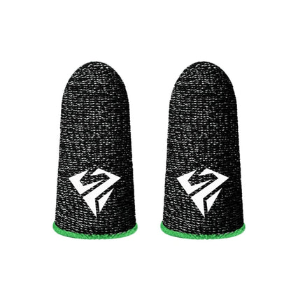 Pair of fabric gaming finger sleeves on thumbs holding a phone