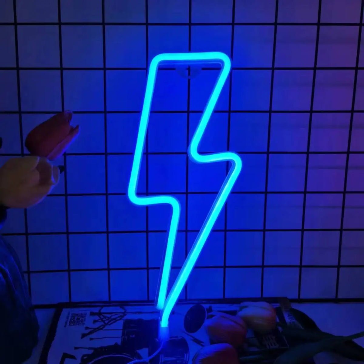 Lightning bolt LED neon light glowing blue