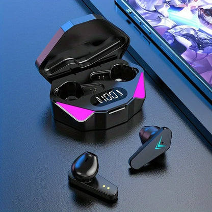 X15 black wireless gaming earbuds in their charging case with LED display