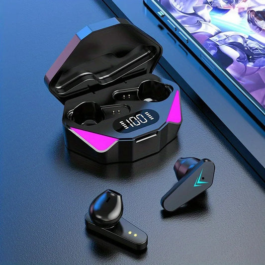 X15 black wireless gaming earbuds in their charging case with LED display