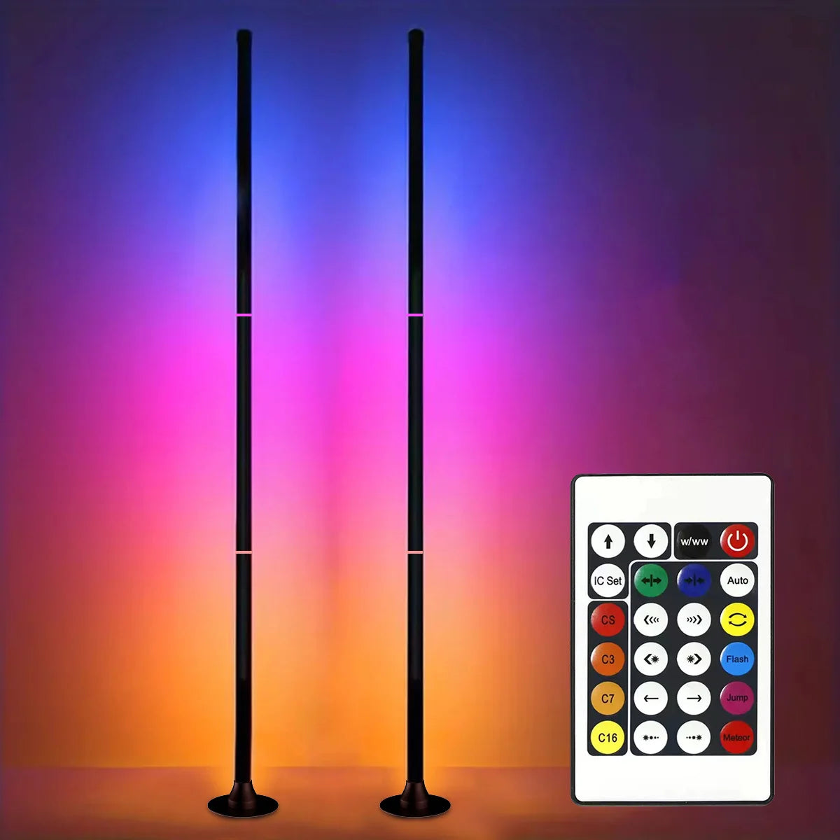 Slim RGB corner floor lamp lighting a wall in color behind a gaming desk