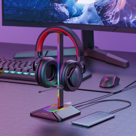 New Bee Z8 headset stand on a desk, lit by its RGB light
