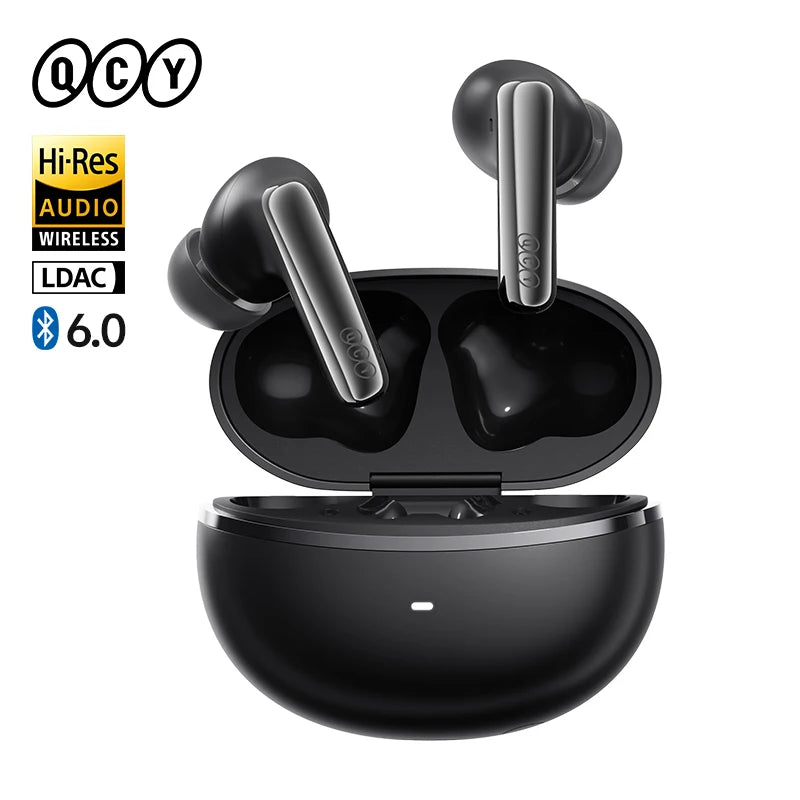 QCY MeloBuds N70 wireless earbuds beside their open charging case