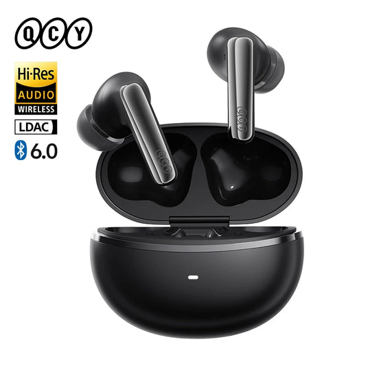 QCY MeloBuds N70 wireless earbuds beside their open charging case