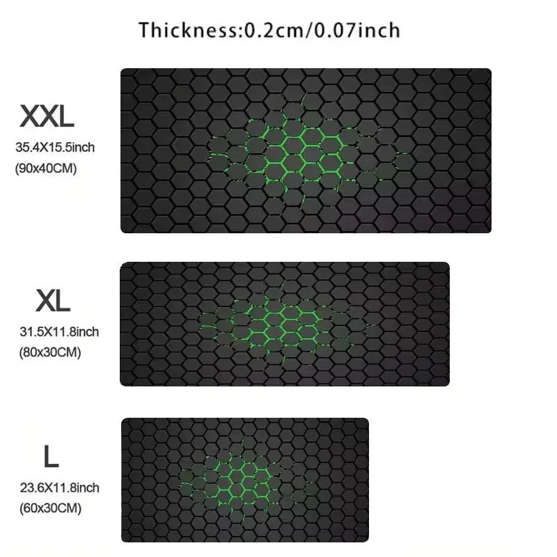Size comparison graphic for the hexagon desk mat showing 0.2 cm thickness