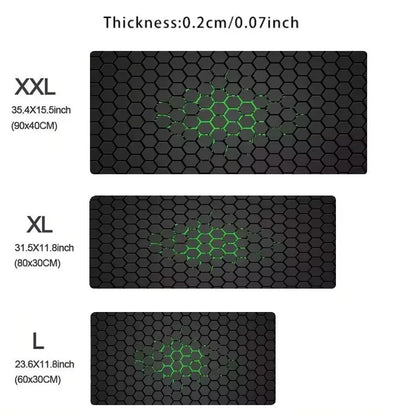 Size comparison graphic for the hexagon desk mat showing 0.2 cm thickness