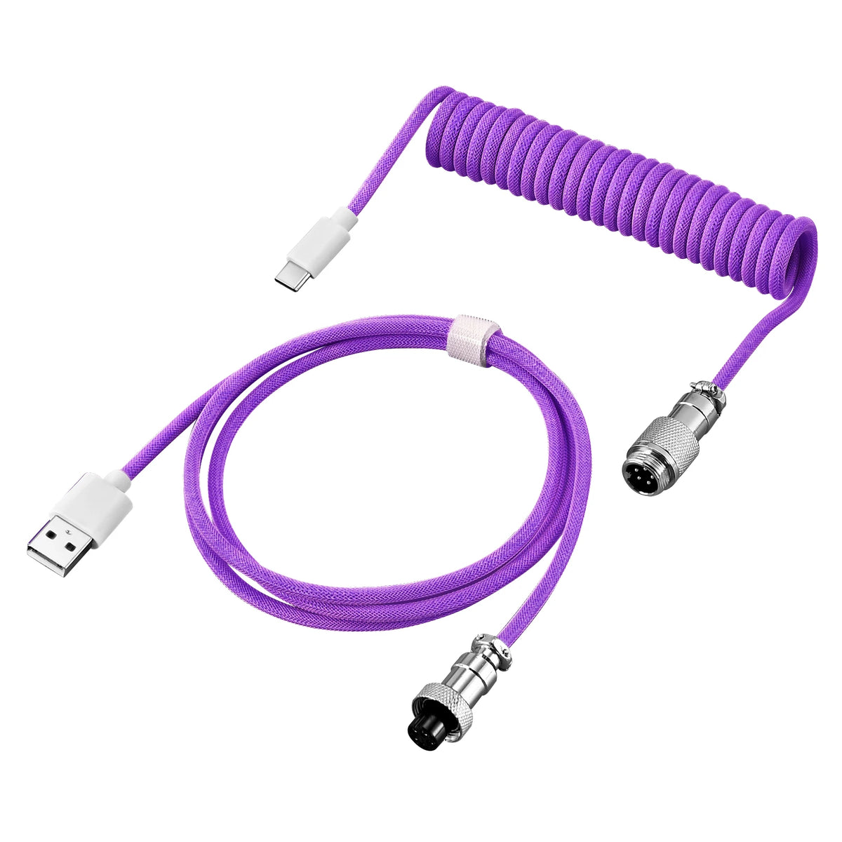 Coiled USB-C keyboard cable with a metal aviator connector