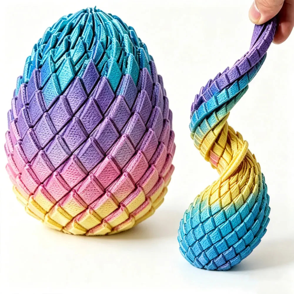 Dragon egg fidget shown whole next to a twisted, deformed egg