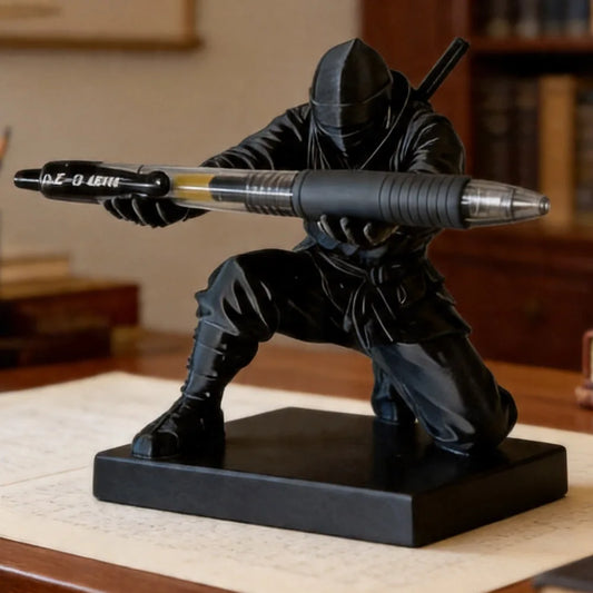 3D printed ninja figure pen holder holding pens on a desk