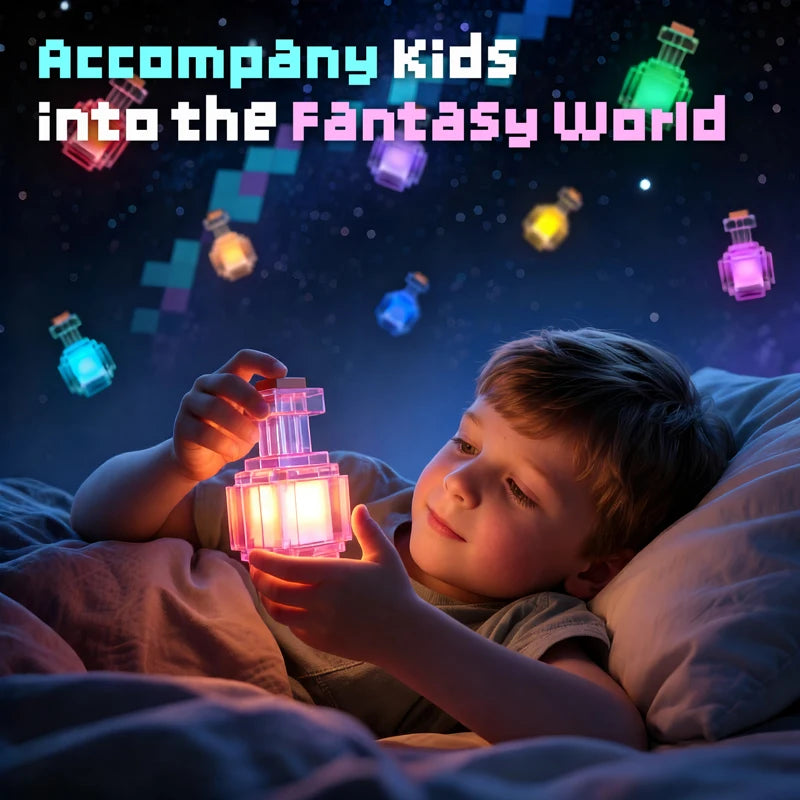 Potion bottle night light with feature callouts, third view