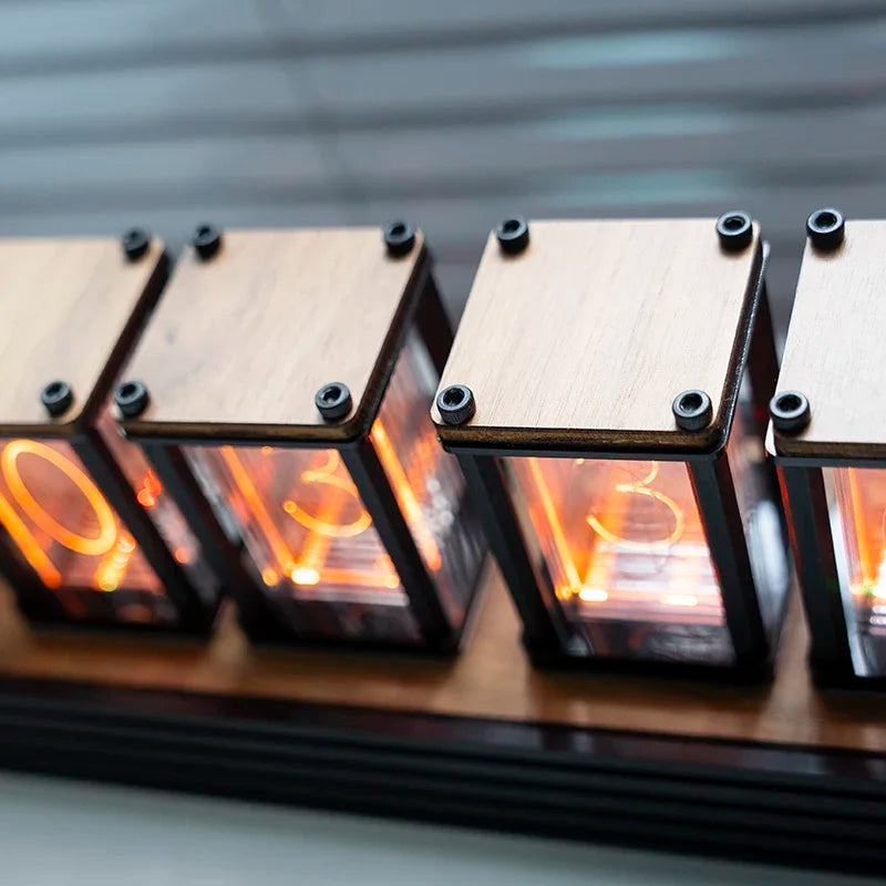 Close-up detail of the glowing clock digits and wood case