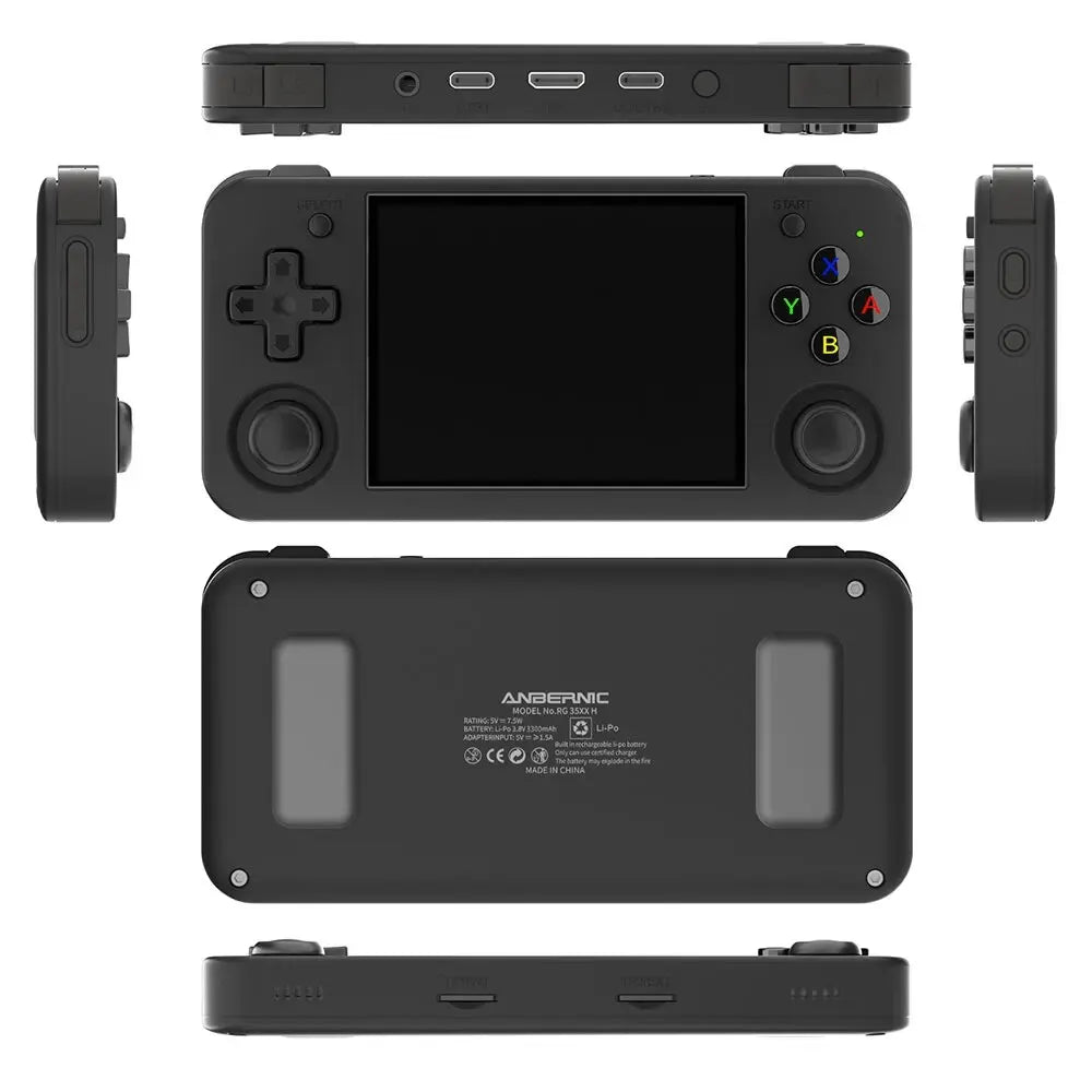 Anbernic RG35XX H handheld shown from the front and back