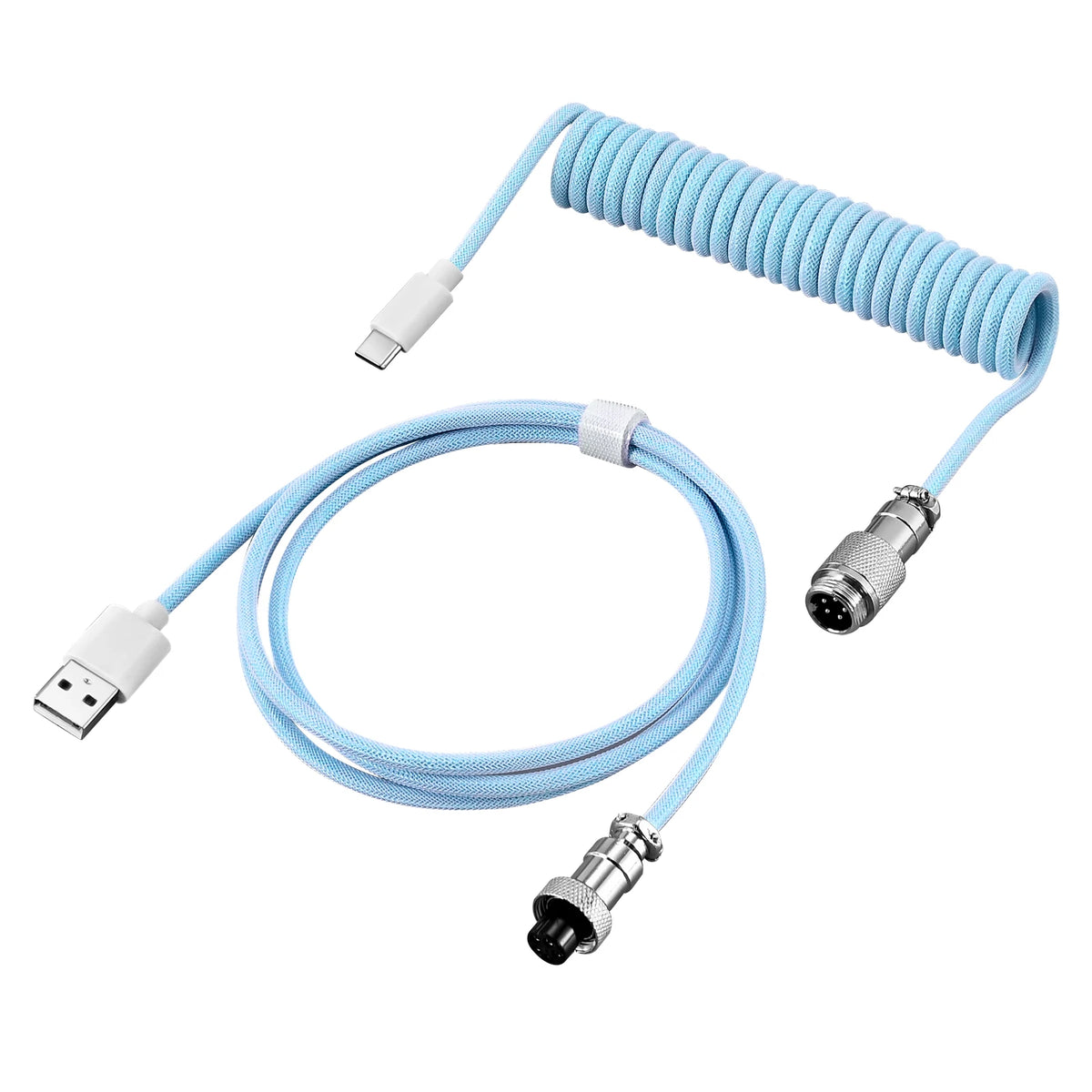 Coiled USB-C keyboard cable with a metal aviator connector