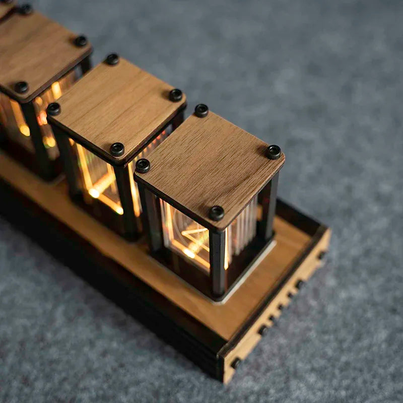 Detail view of the nixie-style clock case and display