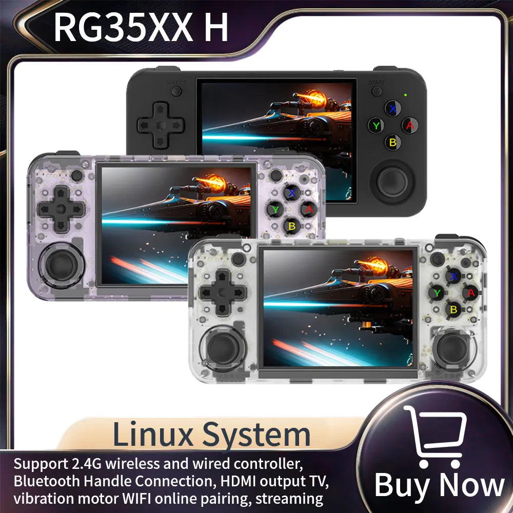 RG35XX H handheld with feature text overlay