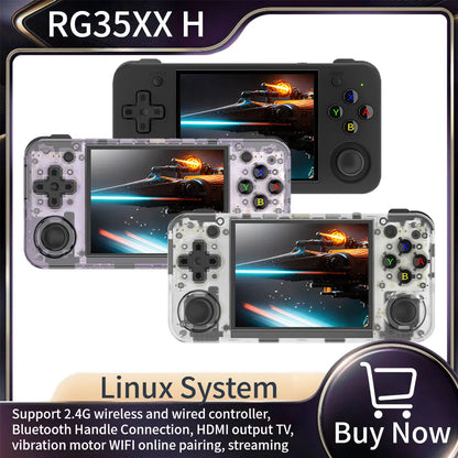 RG35XX H handheld with feature text overlay