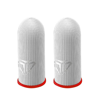 Pair of fabric gaming finger sleeves on thumbs holding a phone