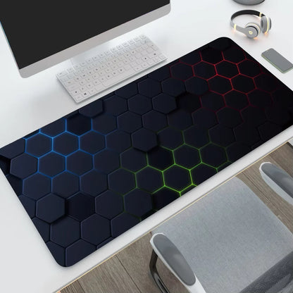 Hexagon desk mat, dark RGB glow design, on a desk