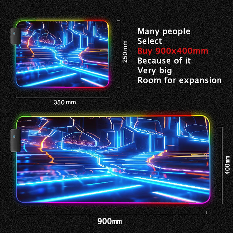 RGB desk mat, blue neon grid design