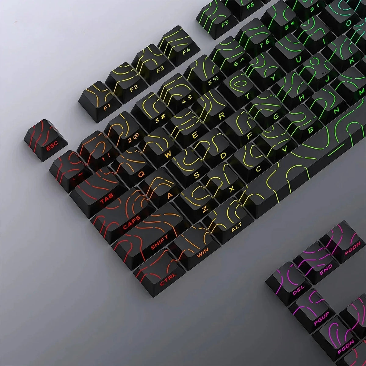 Topographic contour-pattern PBT keycap set with side-printed legends on a mechanical keyboard