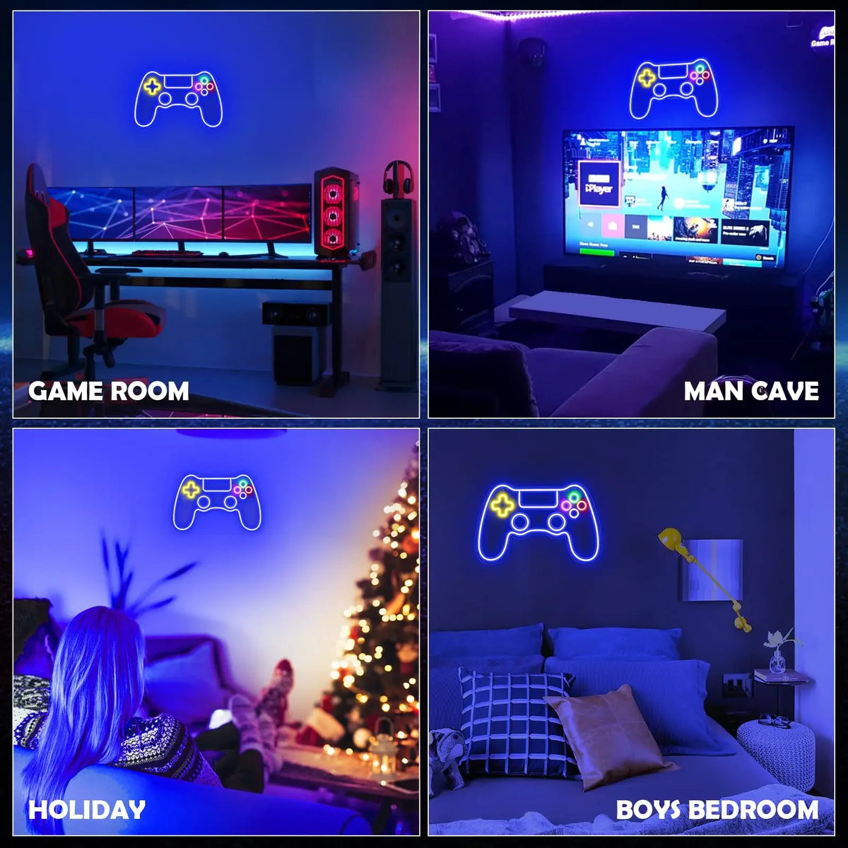 Collage of the controller neon sign in different room settings