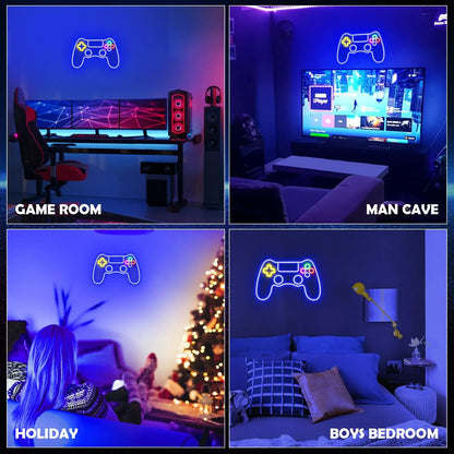 Collage of the controller neon sign in different room settings