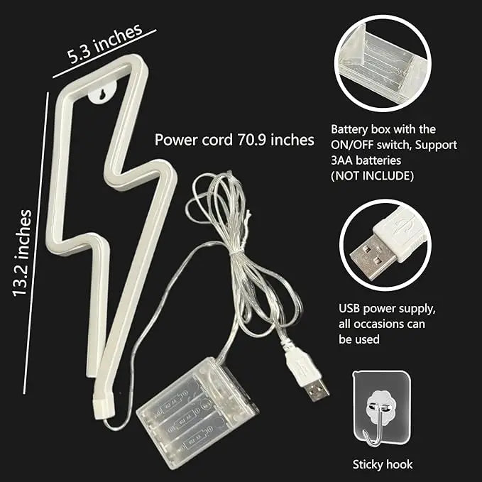 Size diagram showing the battery box, USB cable and hanging hook