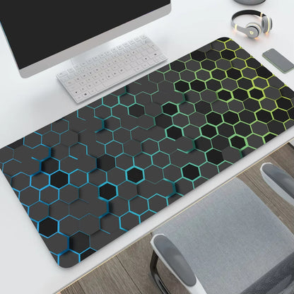 Hexagon desk mat, grey and blue design, on a desk