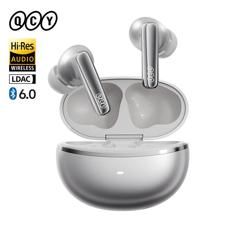 QCY MeloBuds N70 wireless earbuds beside their open charging case