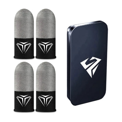 Pair of fabric gaming finger sleeves on thumbs holding a phone