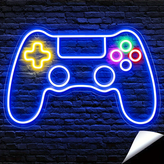 Blue game controller neon sign with a yellow d-pad glowing on a brick wall