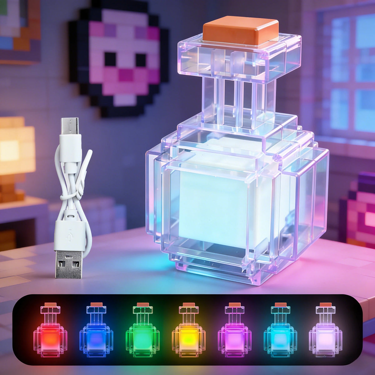 Pixel-art potion bottle night light shown with its color swatches
