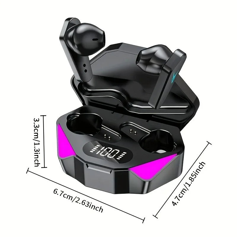 X15 black wireless gaming earbuds in their charging case with LED display
