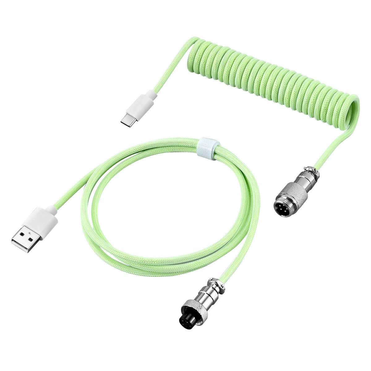 Coiled USB-C keyboard cable with a metal aviator connector