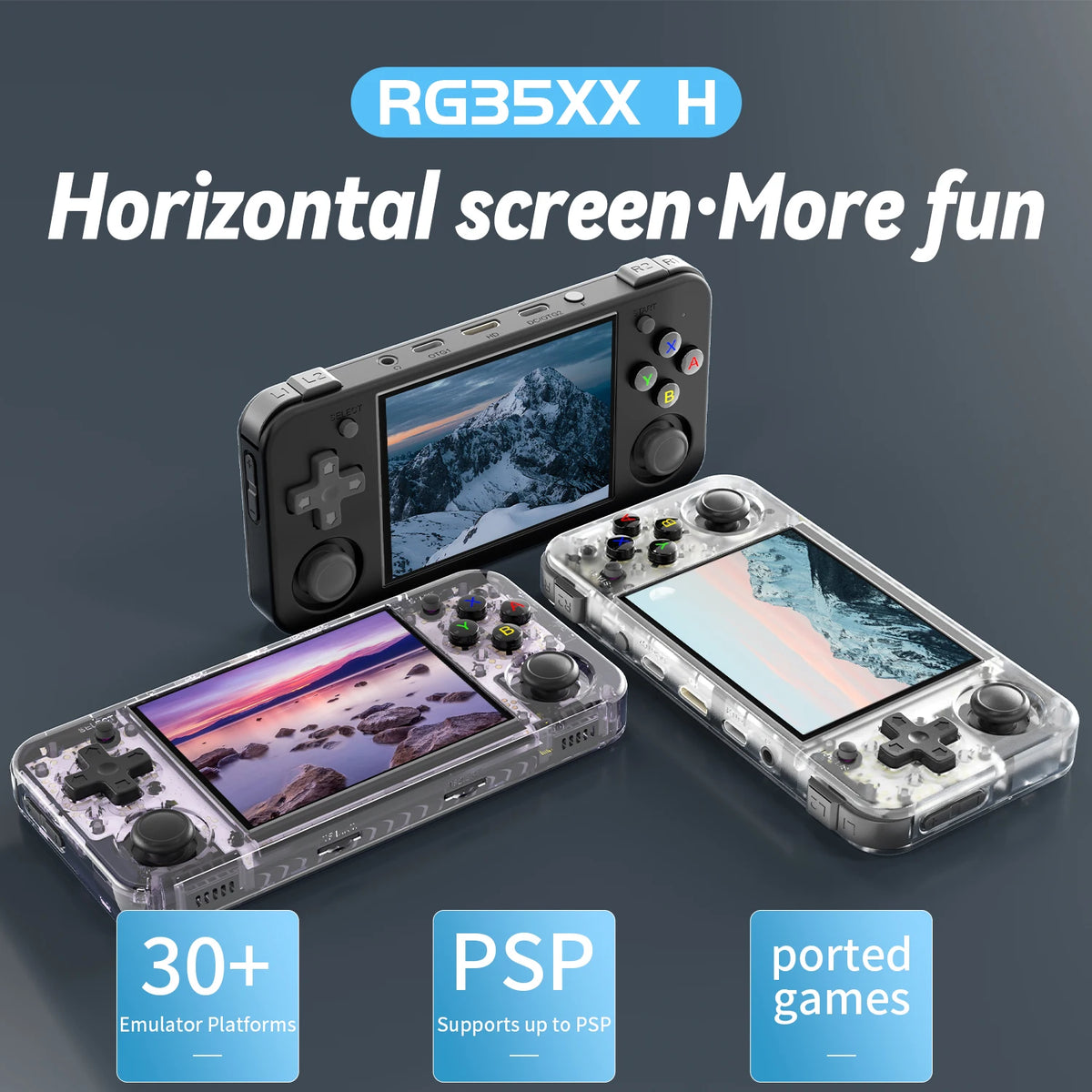 Anbernic RG35XX H handheld on a banner with feature text