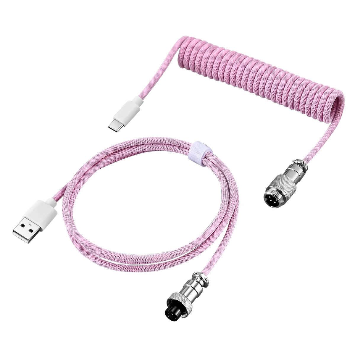 Coiled USB-C keyboard cable with a metal aviator connector