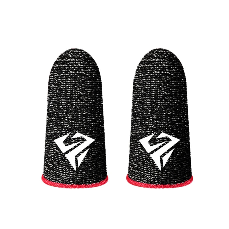 Pair of fabric gaming finger sleeves on thumbs holding a phone