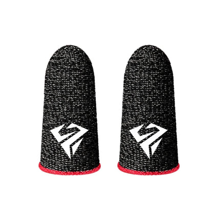 Pair of fabric gaming finger sleeves on thumbs holding a phone